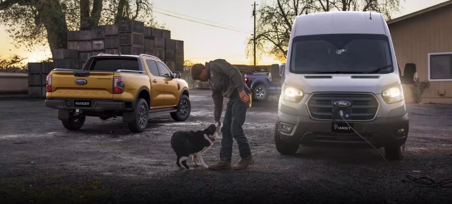 Man petting his dog in front of Ford Ranger and Ford van