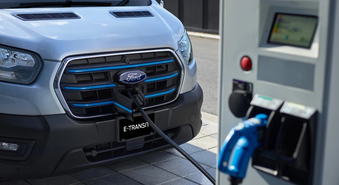 Ford E-transit Van being charged at a charging centre