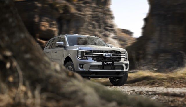2020 Black Ford Everest off road driving in desert front view